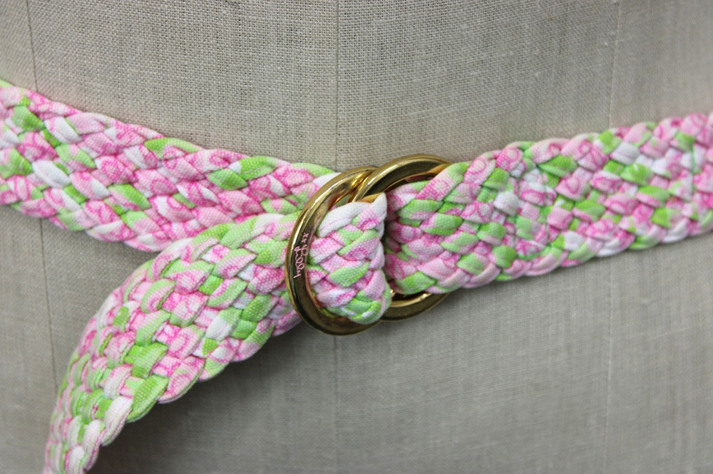 Lilly Pulitzer Woven Braided Cotton Belt Gold O-Ring Buckle Pink & Green Size L